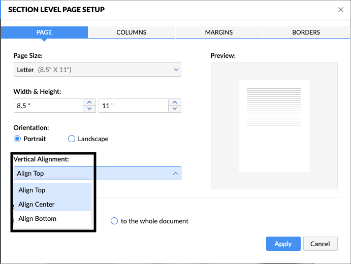 Zoho Writer - Vertical Alignment for Page Sections