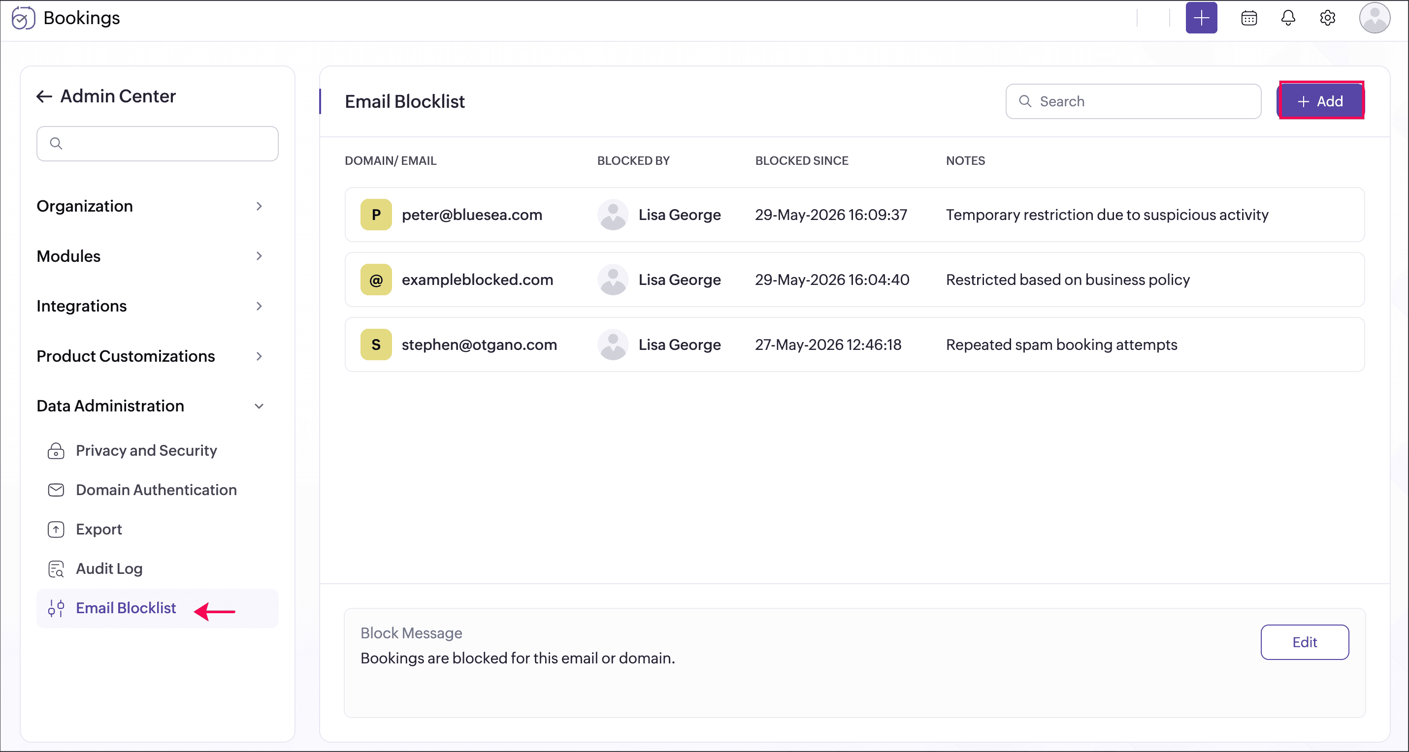 Zoho Bookings - Email Blocklist