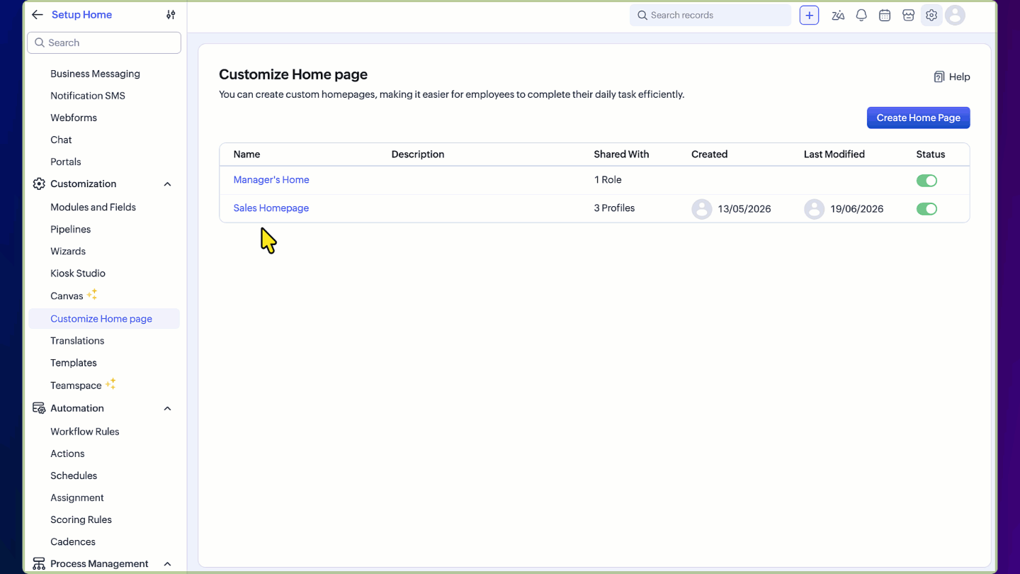 Zoho CRM - Agents on the Home Page
