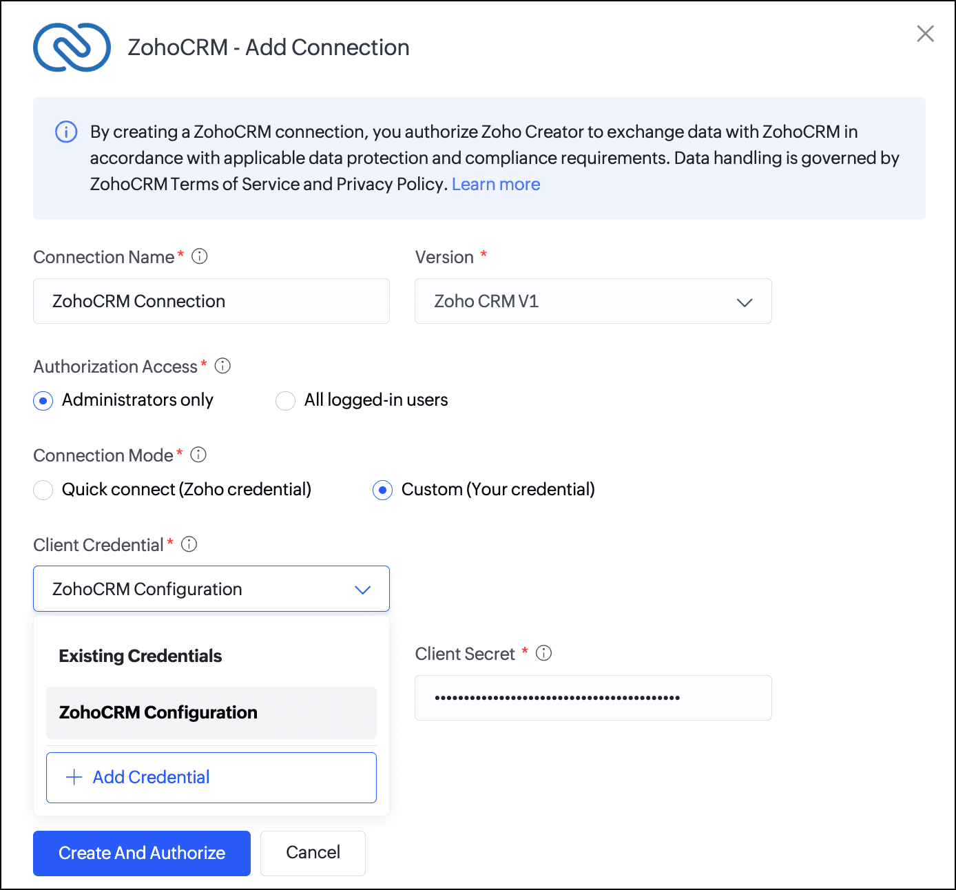 Zoho Creator - Bring Your Own Credentials for Connections