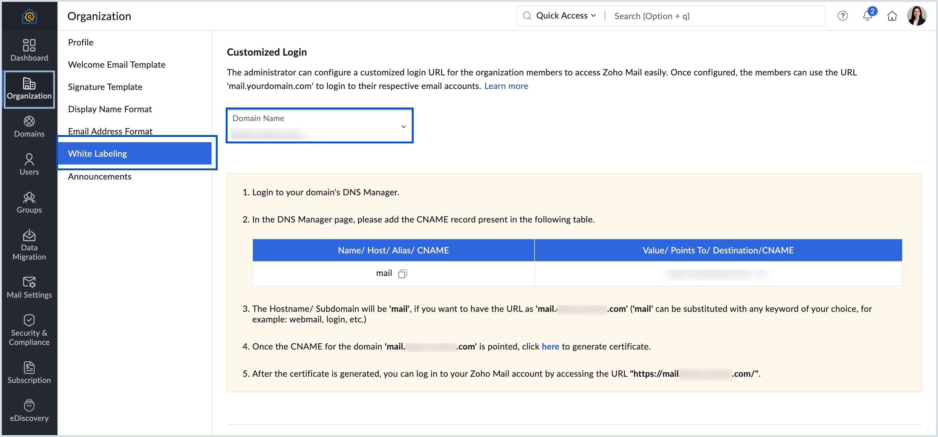 Zoho Mail - White Labeling for Branded Login URLs