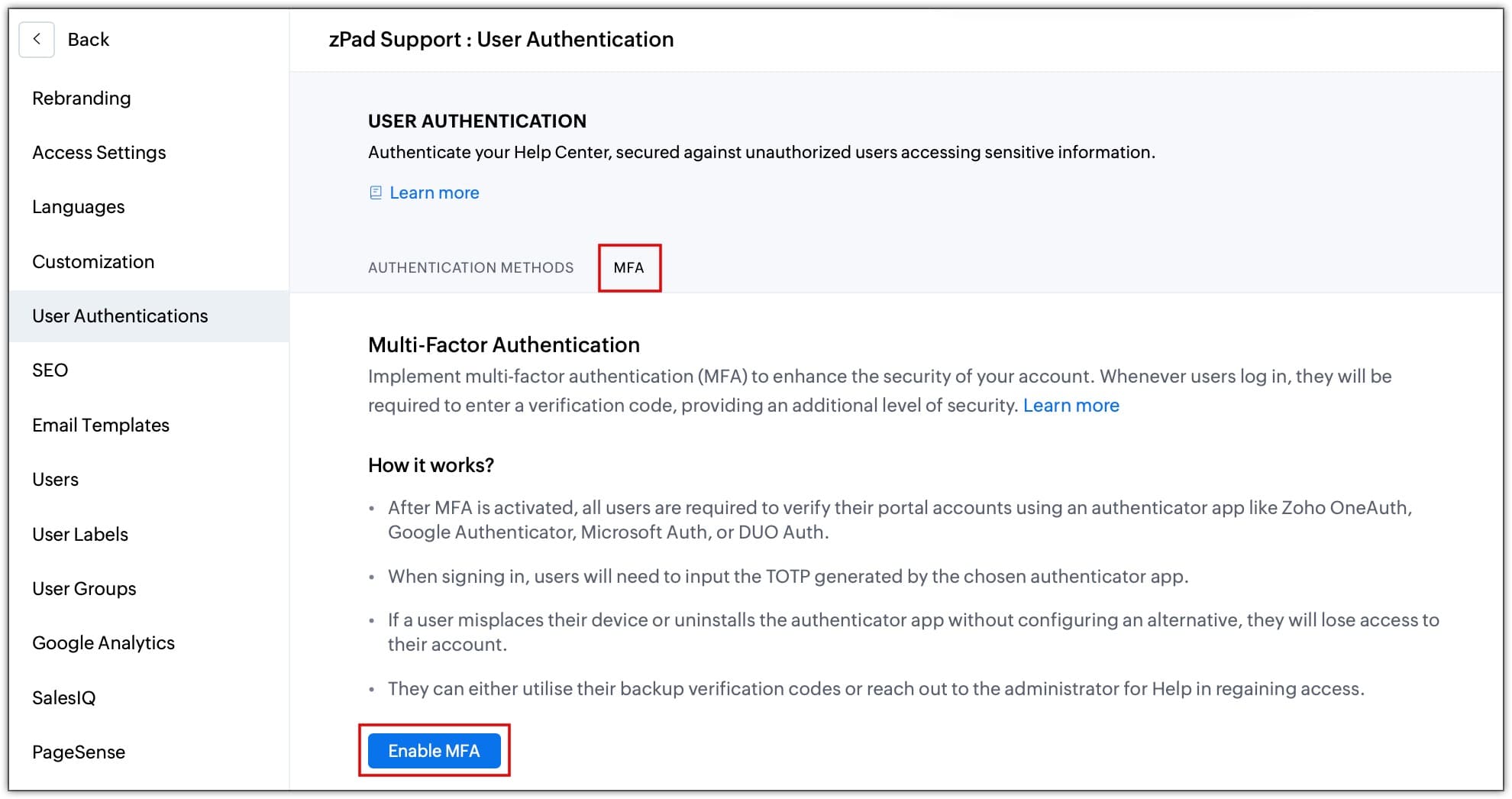 Zoho Desk - Multi-Factor Authentication for Help Centre Profiles