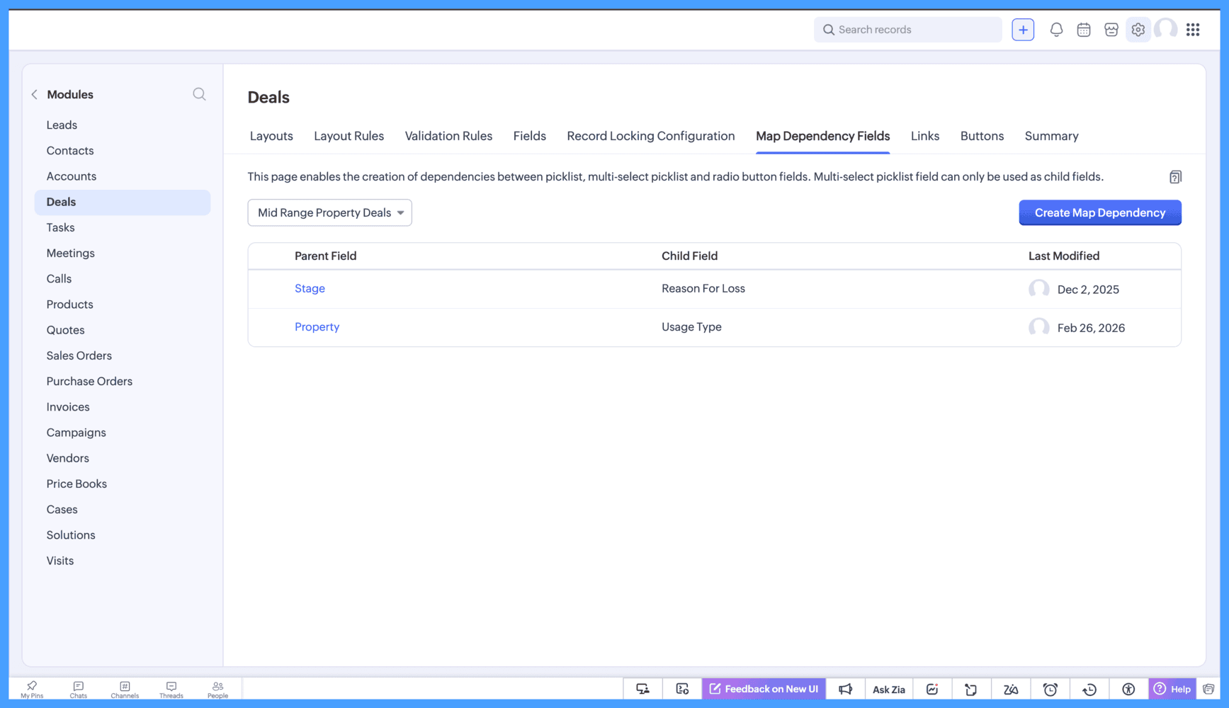 Zoho CRM - Map Dependency Fields Enhancements