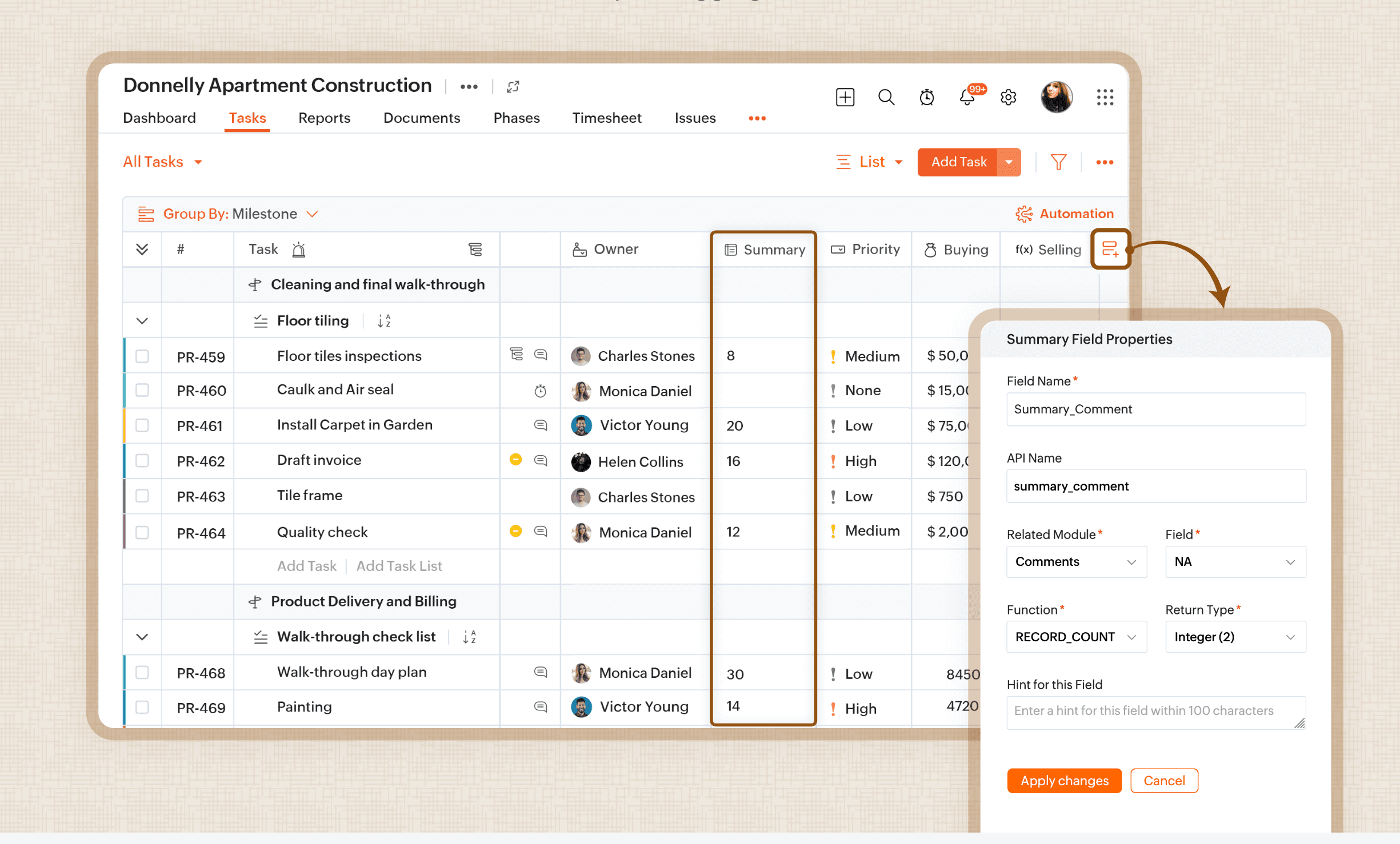 Zoho Projects - Summary Field for Data Aggregation