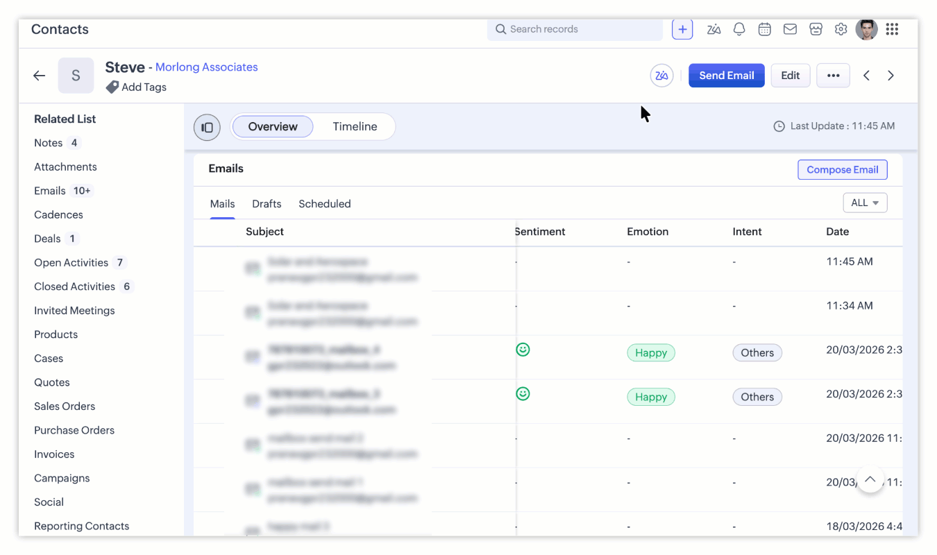 Zoho CRM - Zia Email Summaries for Record Context