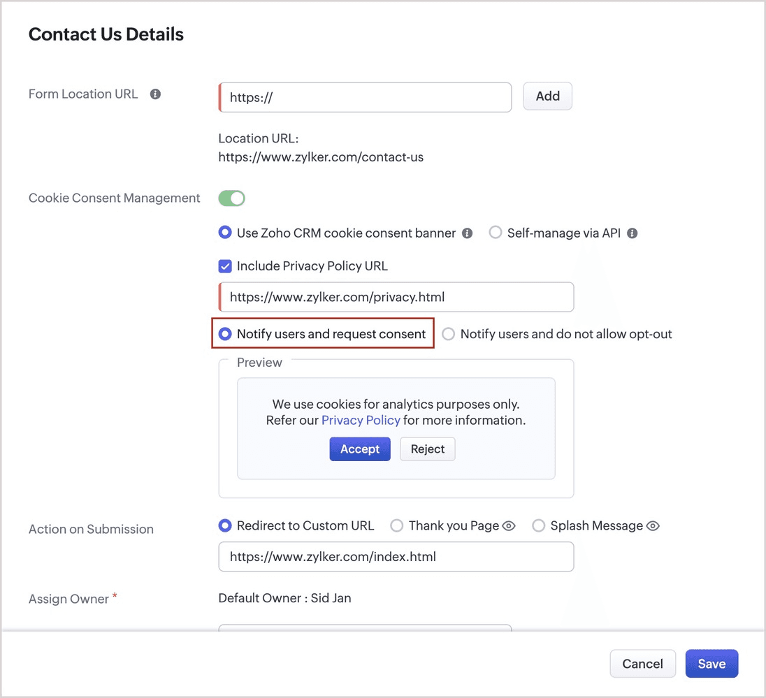 Zoho CRM - Cookie Consent Management for Webforms