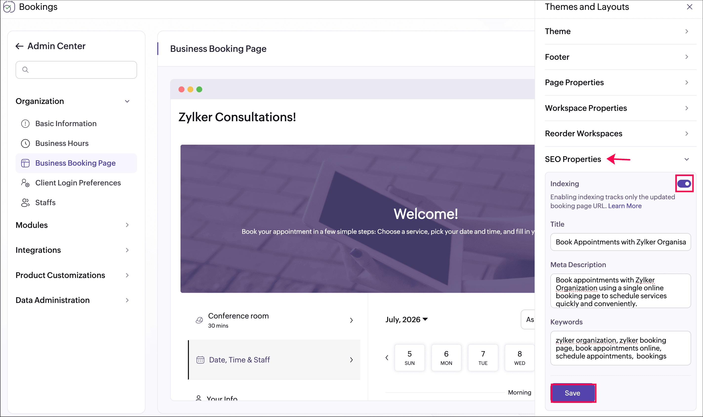 Zoho Bookings - SEO Settings for Booking Pages